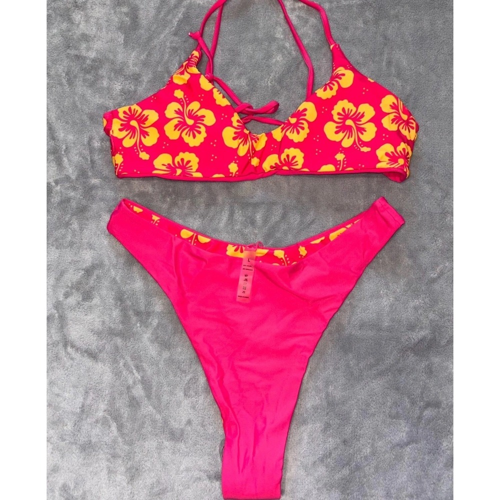 Womens Bikini Set High Cut Cheeky Large Pink Yellow Hibiscus Floral Beach Summer